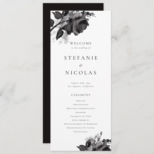 Modern Watercolor Black Rose Wedding Ceremony Program (Front/Back)