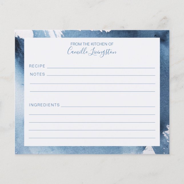 Modern Watercolor Blue Abstract Name Recipe Card (Front)