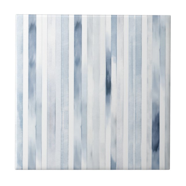 Modern Watercolor Blue and White Stripes Pattern Tile (Front)