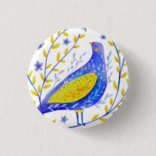 Modern Watercolor Blue and Yellow Bird Art 1 Inch Round Button