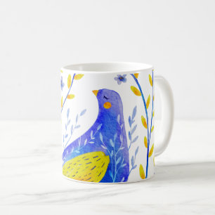 Modern Watercolor Blue and Yellow Bird Art Coffee Mug