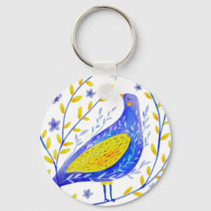 Modern Watercolor Blue and Yellow Bird Art Keychain