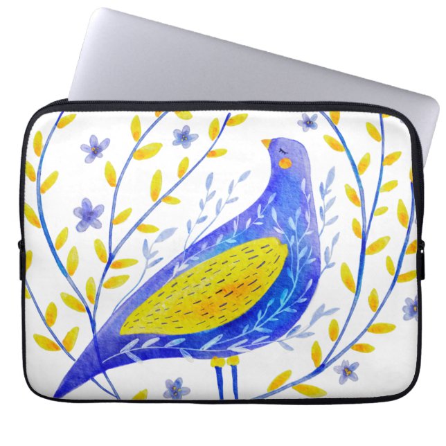 Modern Watercolor Blue and Yellow Bird Art Laptop Sleeve (Front)