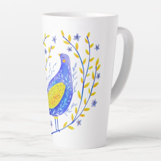 Modern Watercolor Blue and Yellow Bird Art Latte Mug (Right Angle)