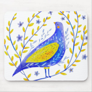 Modern Watercolor Blue and Yellow Bird Art Mouse Pad