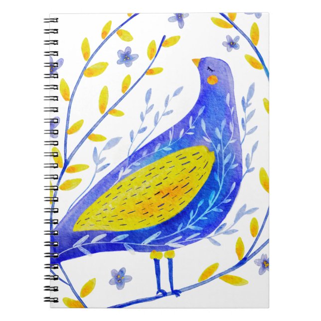 Modern Watercolor Blue and Yellow Bird Art Notebook (Front)