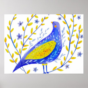 Modern Watercolor Blue and Yellow Bird Art Poster