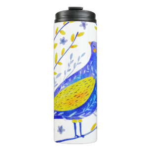 Modern Watercolor Blue and Yellow Bird Art Thermal Tumbler