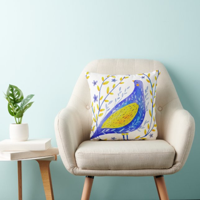 Modern Watercolor Blue and Yellow Bird Art Throw Pillow (Chair)