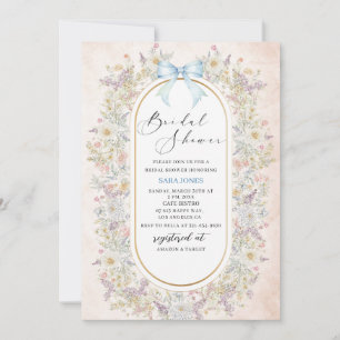 Modern Watercolor Blue bow retro flowers Bridal Sh Invitation