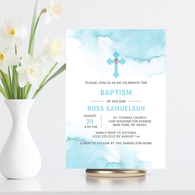 Modern Watercolor Blue BOY Baptism Christening Invitation (Creator Uploaded)