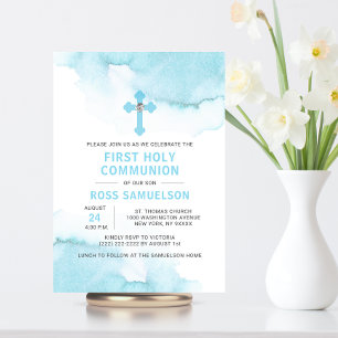 Modern Watercolor Blue BOY Holy Communion Invitation