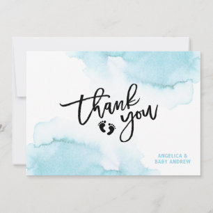 Modern Watercolor Blue BOY Oh BOY Baby Shower Than Thank You Card