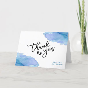Modern Watercolor Blue BOY Oh BOY Baby Shower Thank You Card