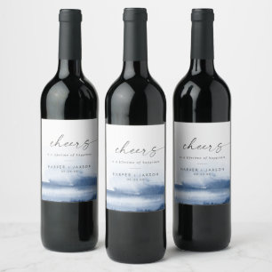 Modern Watercolor   Blue Cheers Wedding Wine Label