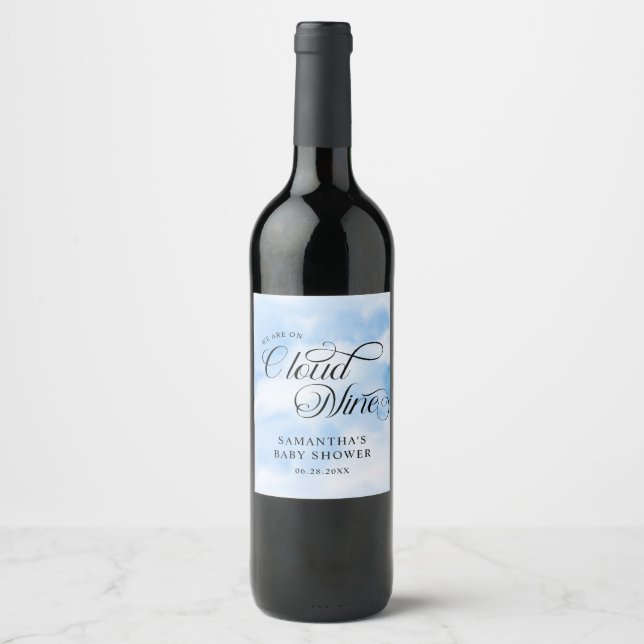 Modern Watercolor Blue Cloud Nine Baby Shower Wine Label (Front)