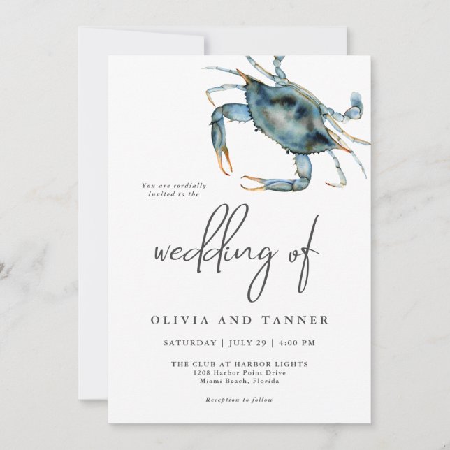 Modern Watercolor Blue Crab Beach Wedding Invitation (Front)