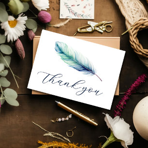 Modern Watercolor Blue Feather Birthday Thank You Card