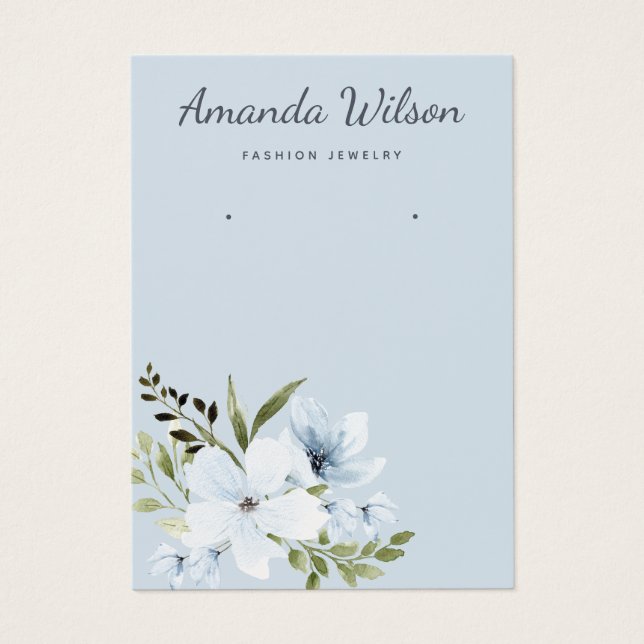 Modern watercolor blue floral earring display card (Front)