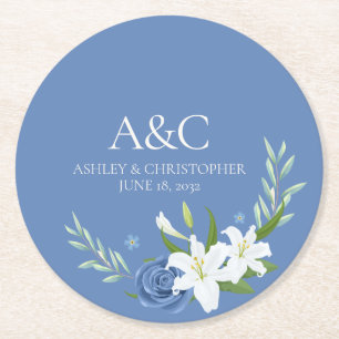 Modern Watercolor Blue Floral Wedding Round Paper Coaster