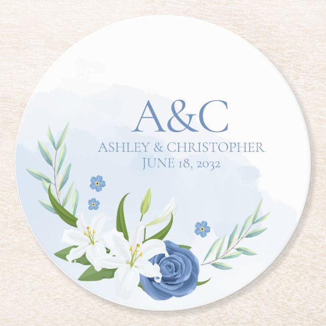 Modern Watercolor Blue Floral Wedding Round Paper Coaster (Front)