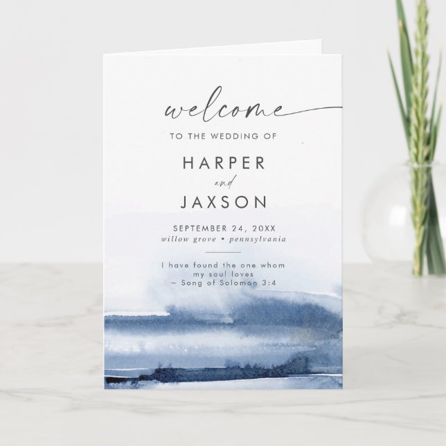 Modern Watercolor | Blue Folded Wedding Program (Front)