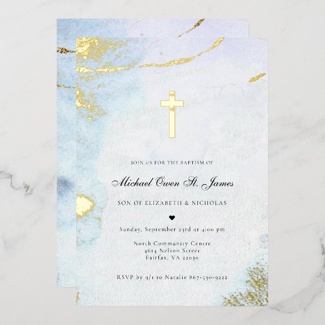 Modern Watercolor | Blue & Gold Baptism Invitation (Front/Back)