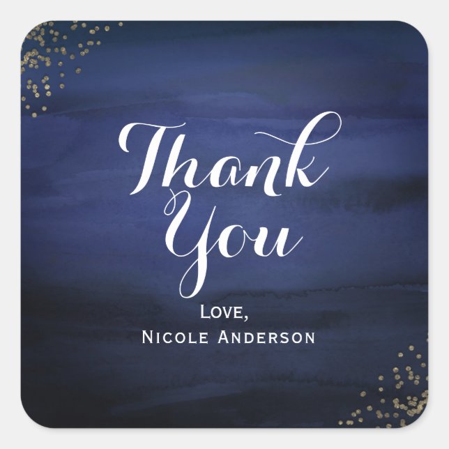 Modern Watercolor Blue Gold Confetti Party Favour Square Sticker (Front)