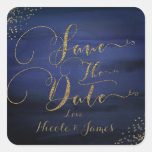 Modern Watercolor Blue Gold Confetti Save the Date Square Sticker