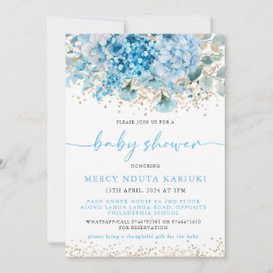 Modern Watercolor Blue Gold Floral Baby Shower Invitation