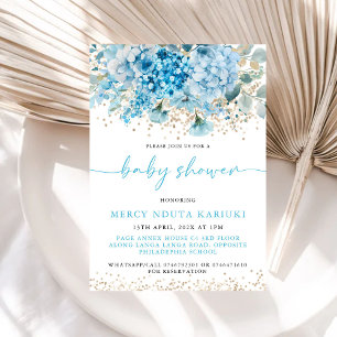 Modern Watercolor Blue Gold Floral Baby Shower Invitation