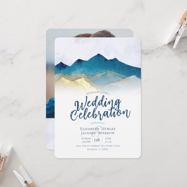 Modern Watercolor Blue Gold Mountain Wedding Photo Invitation (Front/Back In Situ)