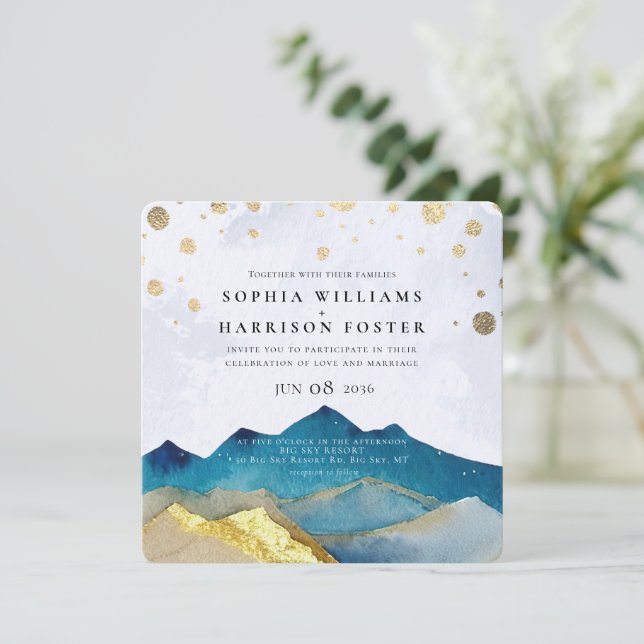 Modern Watercolor Blue Gold Mountain Wedding Photo Invitation (Standing Front)