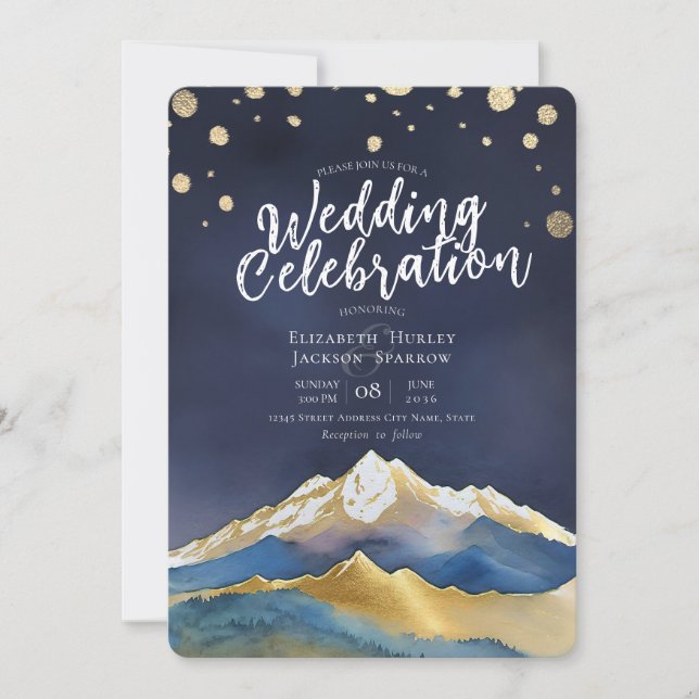 Modern Watercolor Blue Gold Mountain Wedding Photo Invitation (Front)