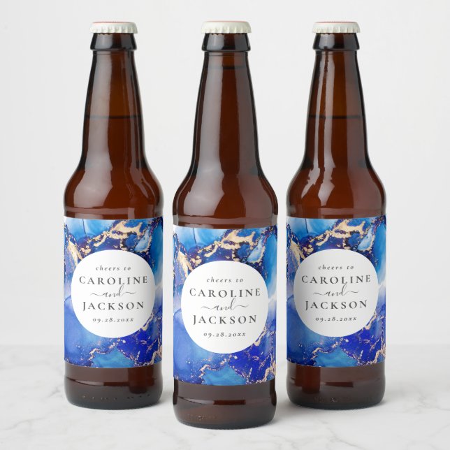 Modern Watercolor Blue Gold Wedding Beer Bottle Label (Bottles)