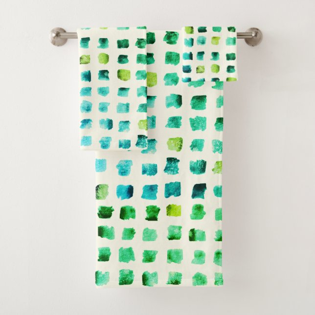 Modern Watercolor Blue Green Square Pattern Bath Towel Set (Insitu)