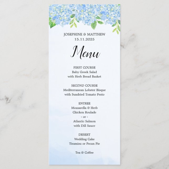 Modern Watercolor Blue Hydrangea Wedding Menu (Front)