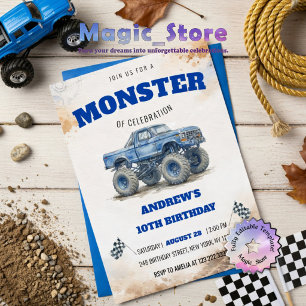 Modern Watercolor Blue Monster Truck Boy Birthday  Invitation