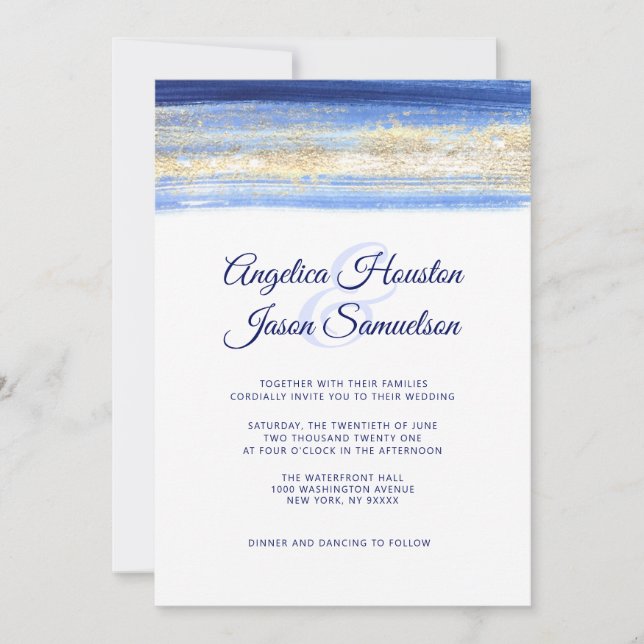 Modern Watercolor Blue Navy Gold Wedding Invitation (Front)
