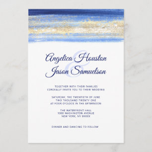 Modern Watercolor Blue Navy Gold Wedding Invitation