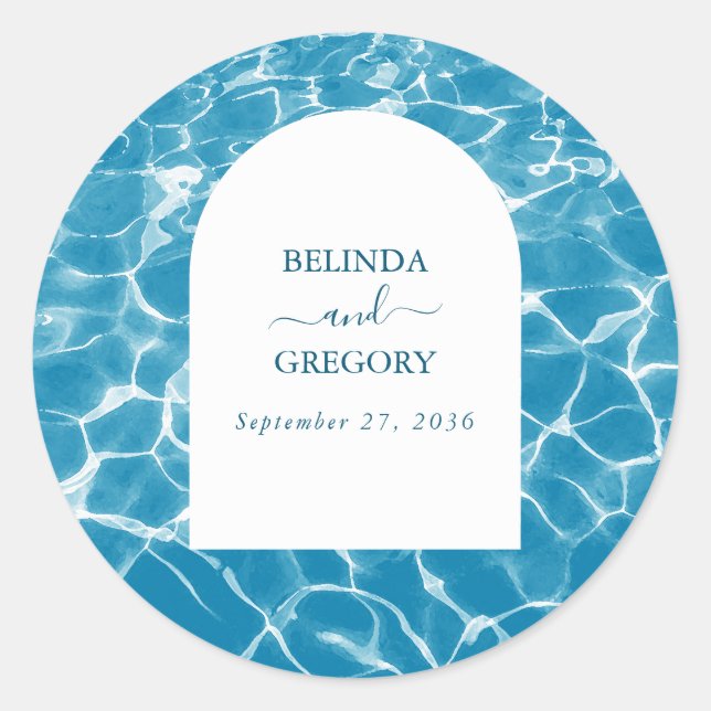 Modern Watercolor Blue Ocean Beach Wedding Classic Round Sticker (Front)