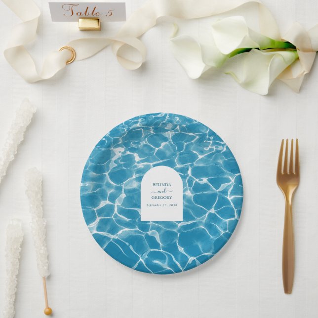 Modern Watercolor Blue Ocean Beach Wedding Paper Plate (Wedding)