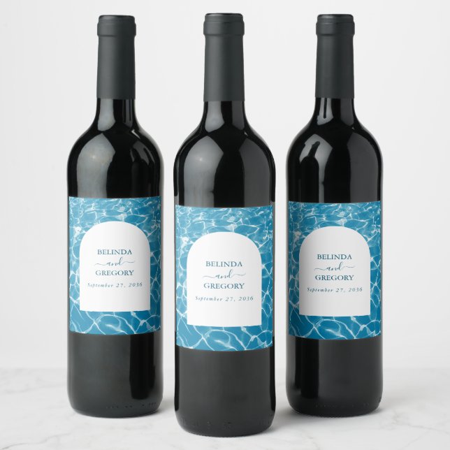 Modern Watercolor Blue Ocean Beach Wedding Wine Label (Bottles)