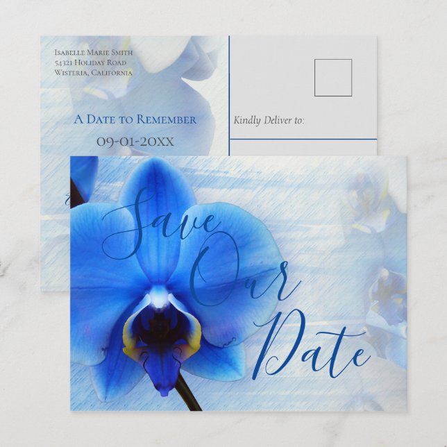 Modern Watercolor Blue Orchid Floral Wedding Postcard (Front/Back)