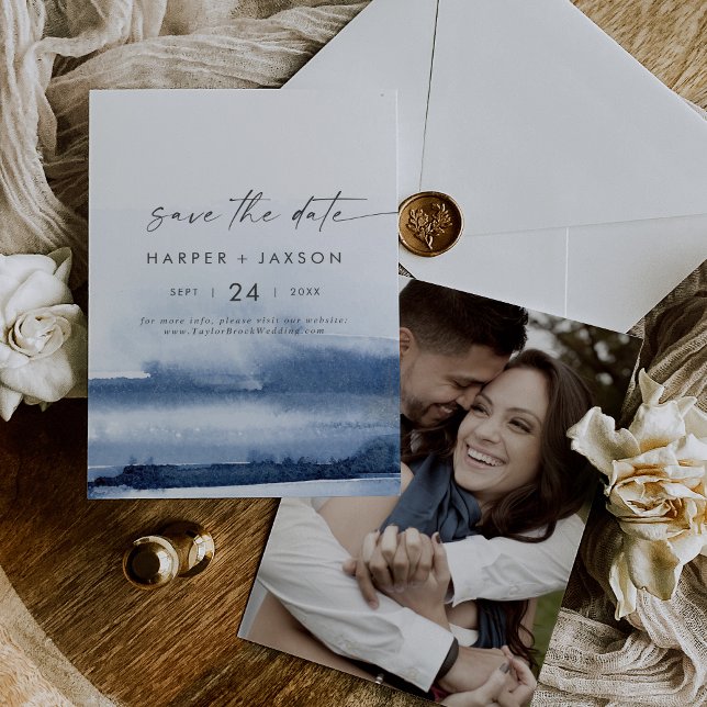 Modern Watercolor | Blue Photo Back Save The Date (Creator Uploaded)