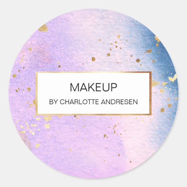 Modern Watercolor Blue Pink Gold Classic Round Sticker (Front)