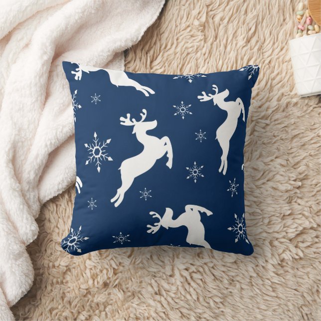 Modern Watercolor Blue Reindeer Snow Christmas Throw Pillow (Blanket)