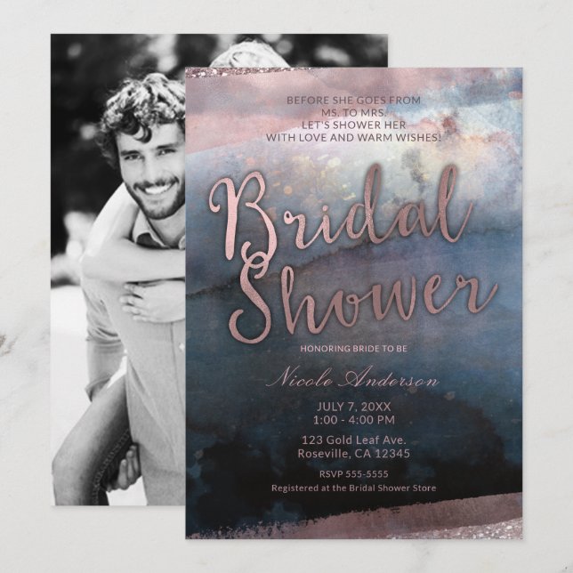 Modern Watercolor Blue & Rose Bridal Shower Photo Invitation (Front/Back)