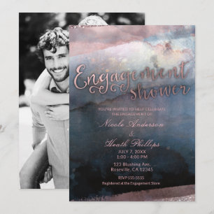 Modern Watercolor Blue Rose Gold Engagement Photo Invitation