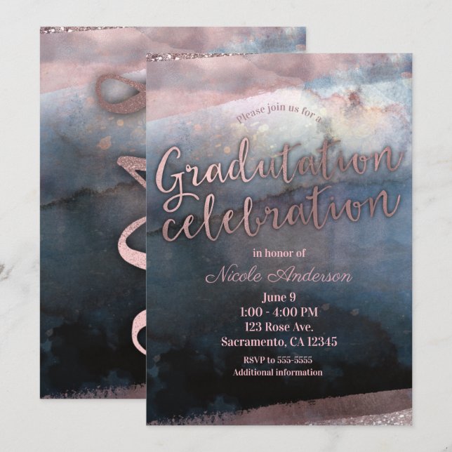 Modern Watercolor Blue Rose Gold Graduation 2018 Invitation (Front/Back)